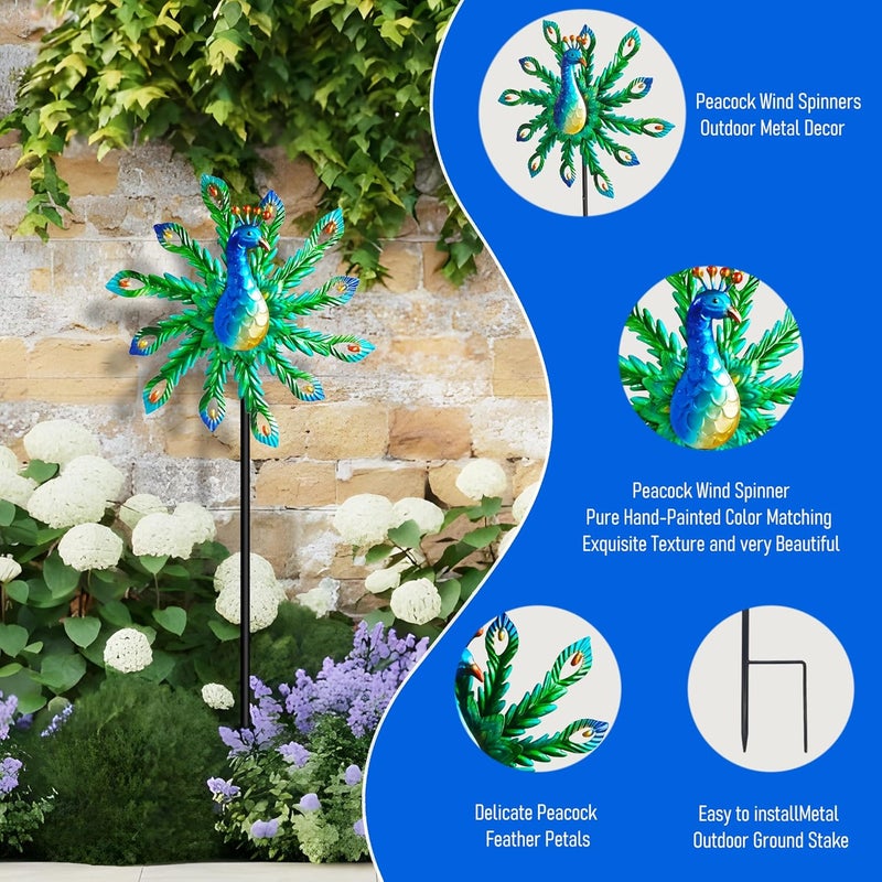 Senflame Outdoor Wind Spinner, 37" Metal Peacock Wind Spinner, Peacock Sculpture Garden Wind Spinners for Garden Yard Patio Decoration - Image 4